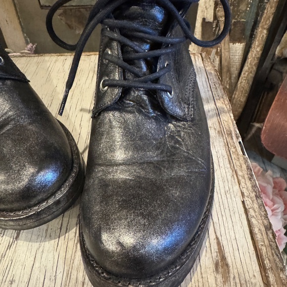 FRYE BOOT | LACE UP | COMBAT TYLER MOTO | BLK LEATHER SILVER METALLIC | VERONICA - Picture 6 of 15